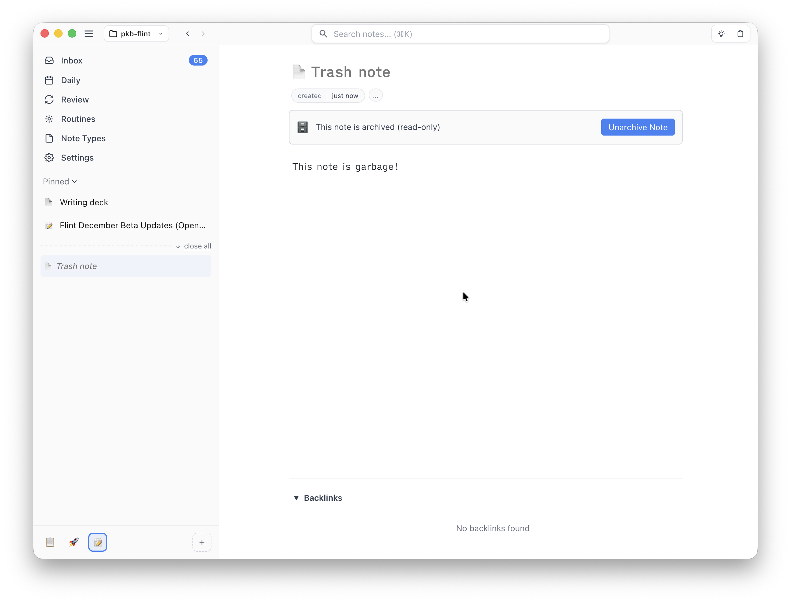 Screenshot of an archived note