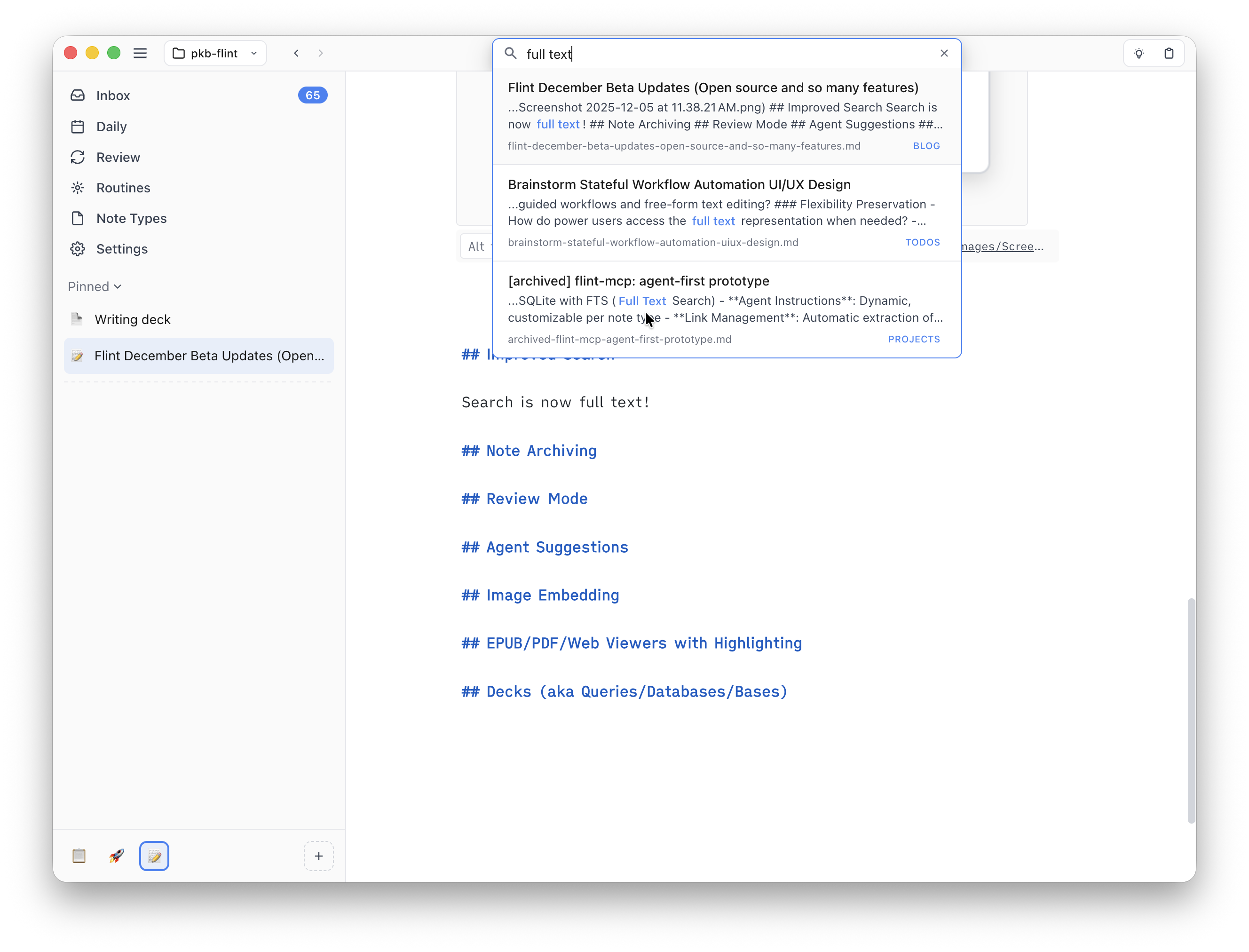 Screenshot showing a search with matching in note content